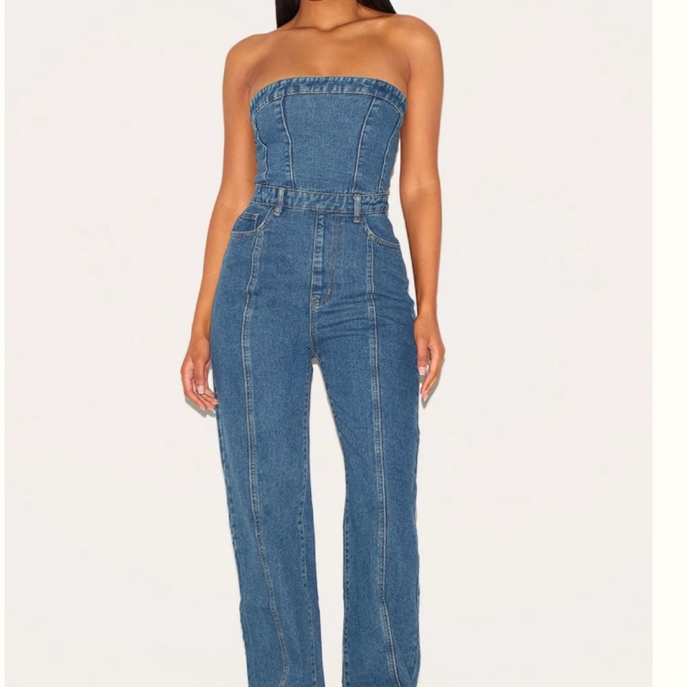 PrettyLittleThing Denim Strapless Jumpsuit - Tall